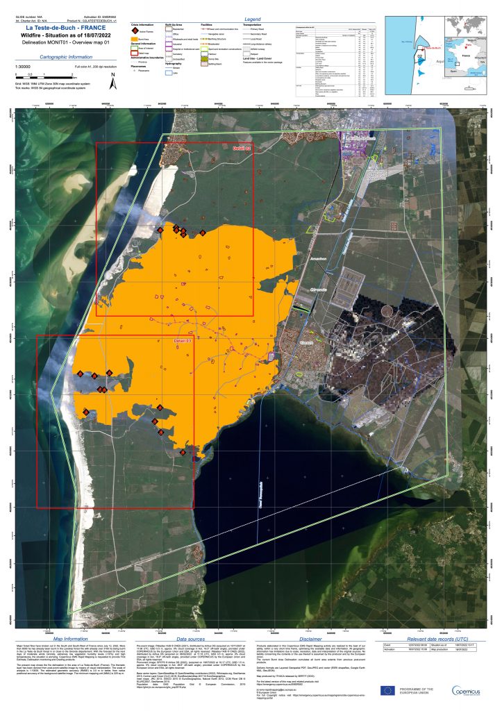 Exemple de cartes produites sur la Gironde par Copernicus grâce aux satellites européens. On y voit très clairement les zones brûlées, les foyers actifs et les zones d'habitations à protéger. Crédit : CopernicusEMS / CopernicusEU.