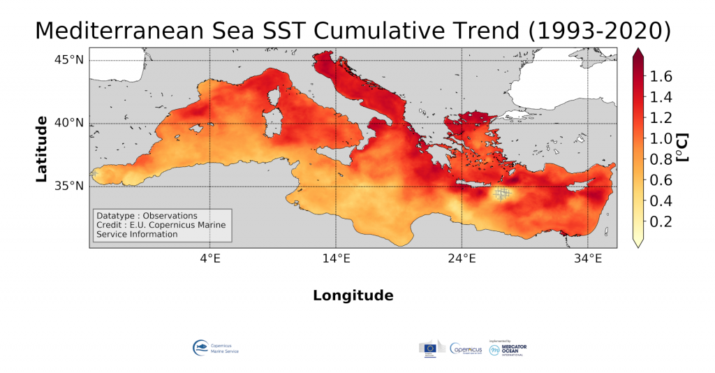 Variation cumulée des températures entre 1993 et 2020 selon les données satellites du programme européen Copernicus. Crédit : resources.marine.copernicus.eu.