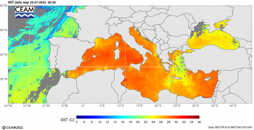 La mer Méditerranée est en surchauffe sur une large partie de sa surface et frôle régulièrement les 30 °C dans plusieurs zones. Crédit : METOP-B EUMETSAT/OSI SAF.