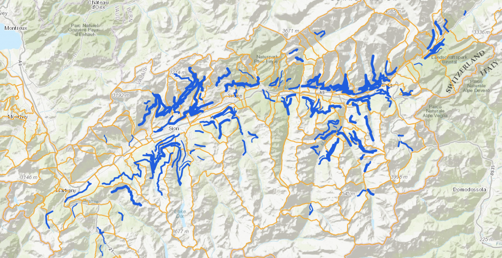 Cartographie des bisses du Valais. Crédit : https://sitonline.vs.ch/
