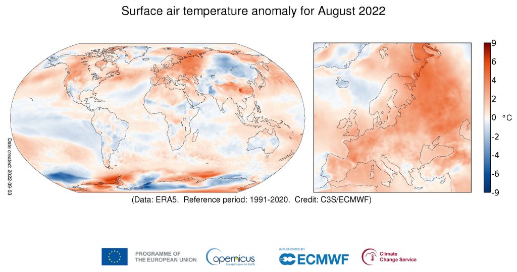 Le mois d'août 2022 a été particulièrement chaud. Crédit : Copernicus.
