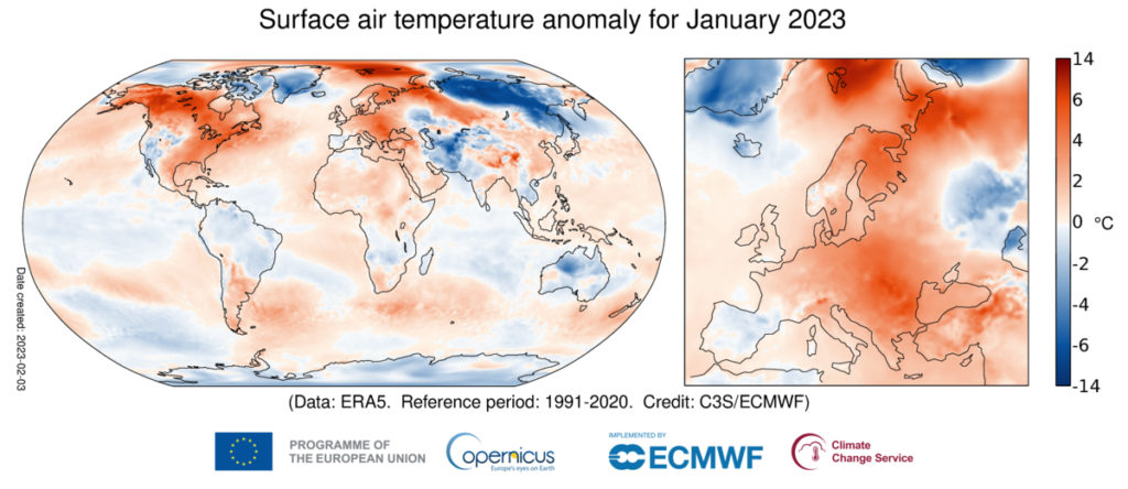 température de l'air en surface en janvier 2023