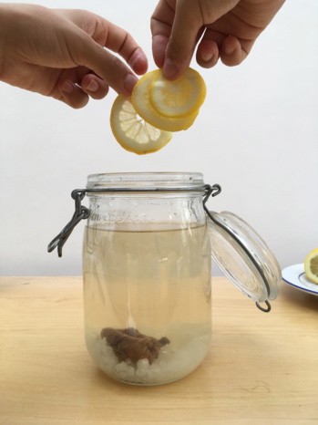 La fabrication du kéfir est très simple, avec des ingrédients basiques : eau, sucre, figue, citron, grains de kéfir.