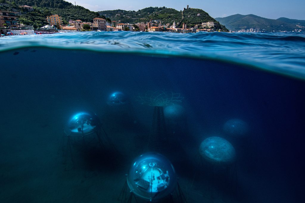 Le jardin de Nemo, des biosphères situées à 40 mètres de côtes de la riviera ligure en Italie. Photographe : Giacomo d'Orlando