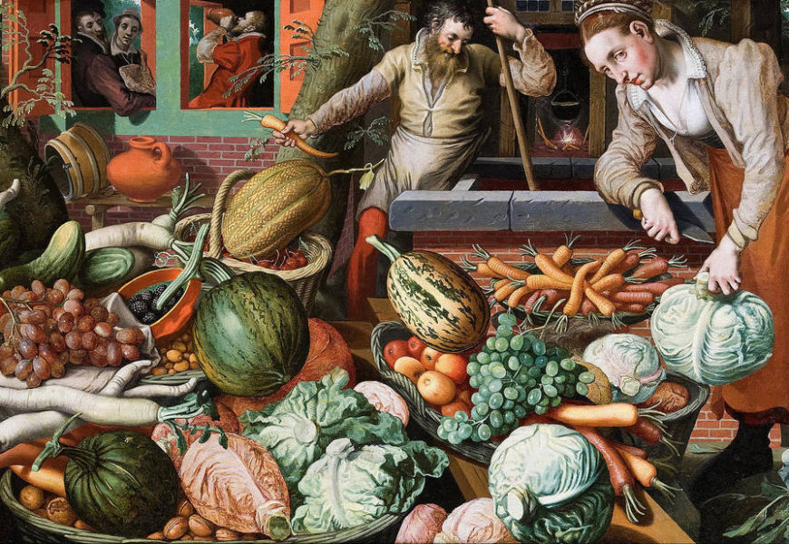 "Scène de marché", peinture de de Pieter Aertsen, 1569. La légende voulait que la carotte orange fût une invention hollandaise. Erreur !
