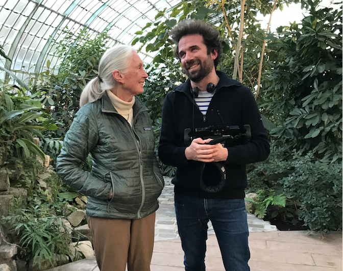 Jane Goodall et Cyril Dion dans les serres d’Auteuil, fin 2019, sur le tournage d’Animal.