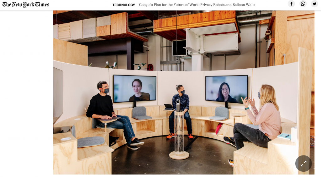 Les salles de réunion en cercle des nouveaux bureaux de Google donnent une vraie place aux salariés à distance.