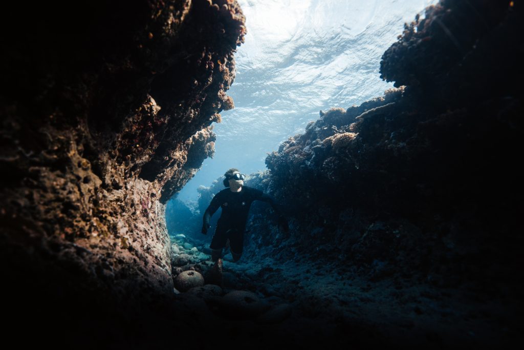 Titouan Bernicot en pleine plongée au milieu des coraux. Photo : Ryan Borne for Coral Gardeners.