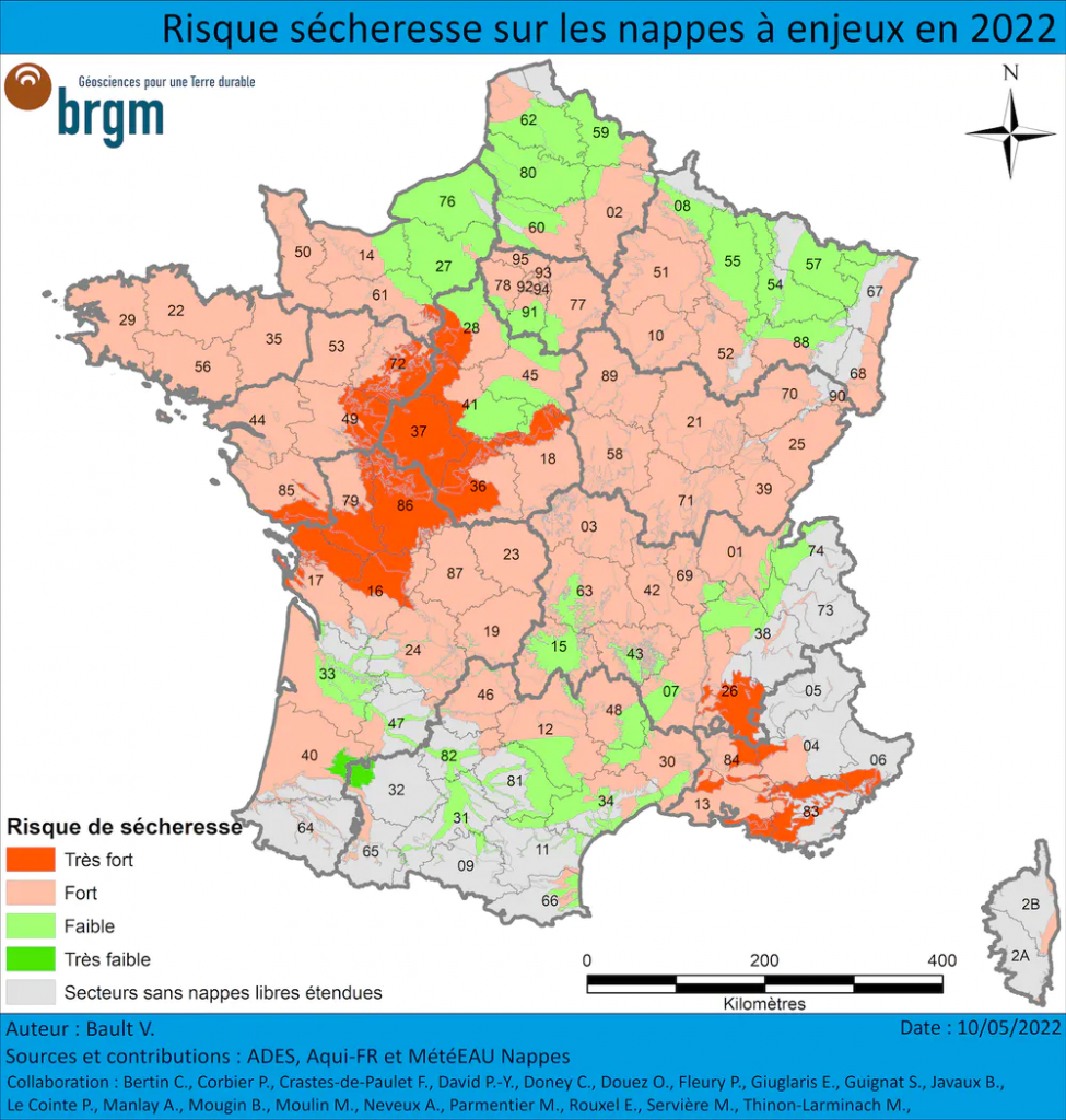 Carte du risque sécheresse sur les nappes d’eau pour l’été 2022. BRGM, CC BY-NC-ND