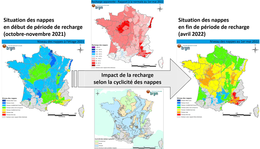 Impact de la recharge sur la situation des nappes au 1ᵉʳ mai 2022. BRGM, CC BY-NC-ND